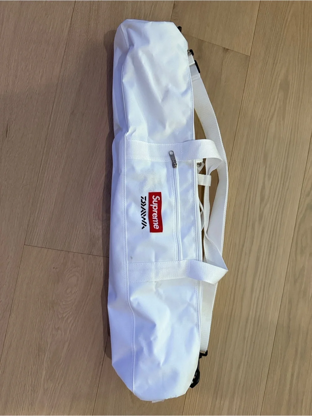 Supreme White Canvas Duffel with Red Logo